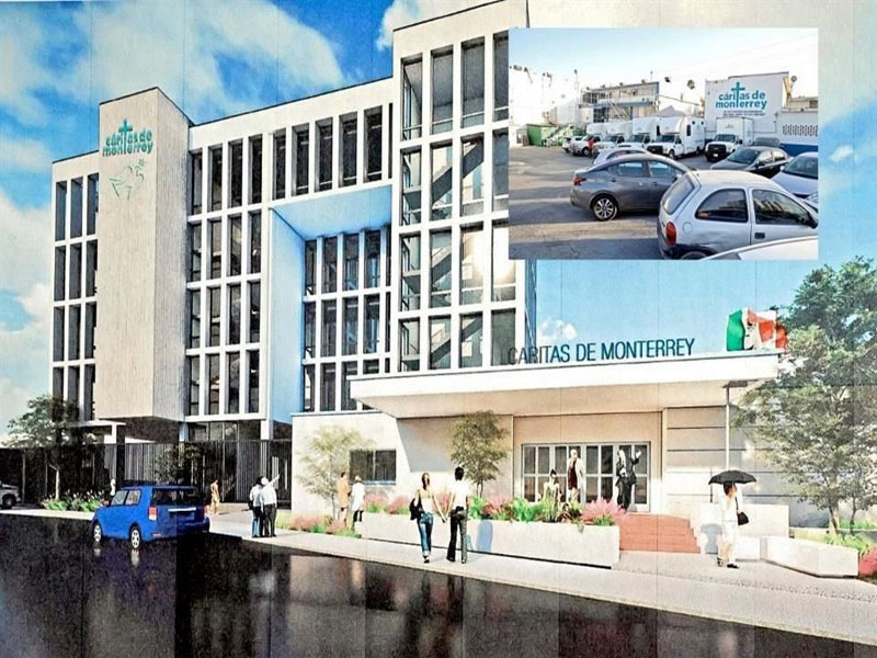 Proyección de la nueva sede de Cáritas de Monterrey. En el recuadro, sus oficinas actuales en la colonia Deportivo Obispado. Foto: Especial
