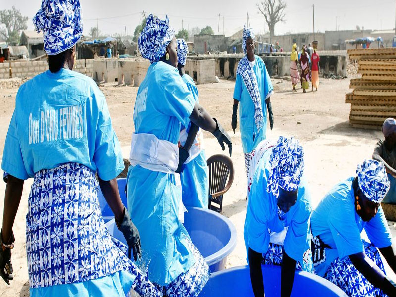 ONU Mujeres/BrunoDemeocq. Un colectivo de mujeres procesando sardinas en Senegal.