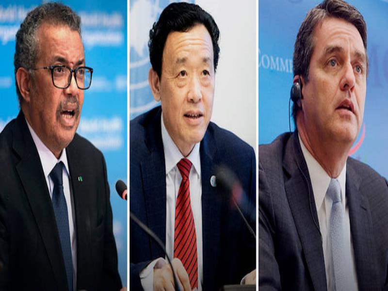 Los Directores Generales de la OMS, la FAO y la OMC, Tedros Adhanom Ghebreyesus, QU Dongyu y Roberto Azevedo