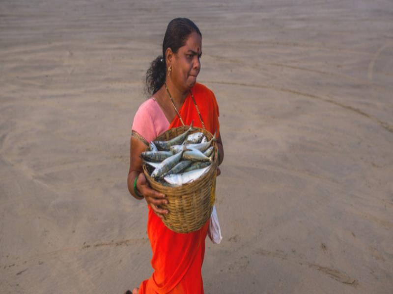 PNUD/Dhiraj Singh. Una mujer carga pescado desde la orilla de una playa en Maharashtra, Indi